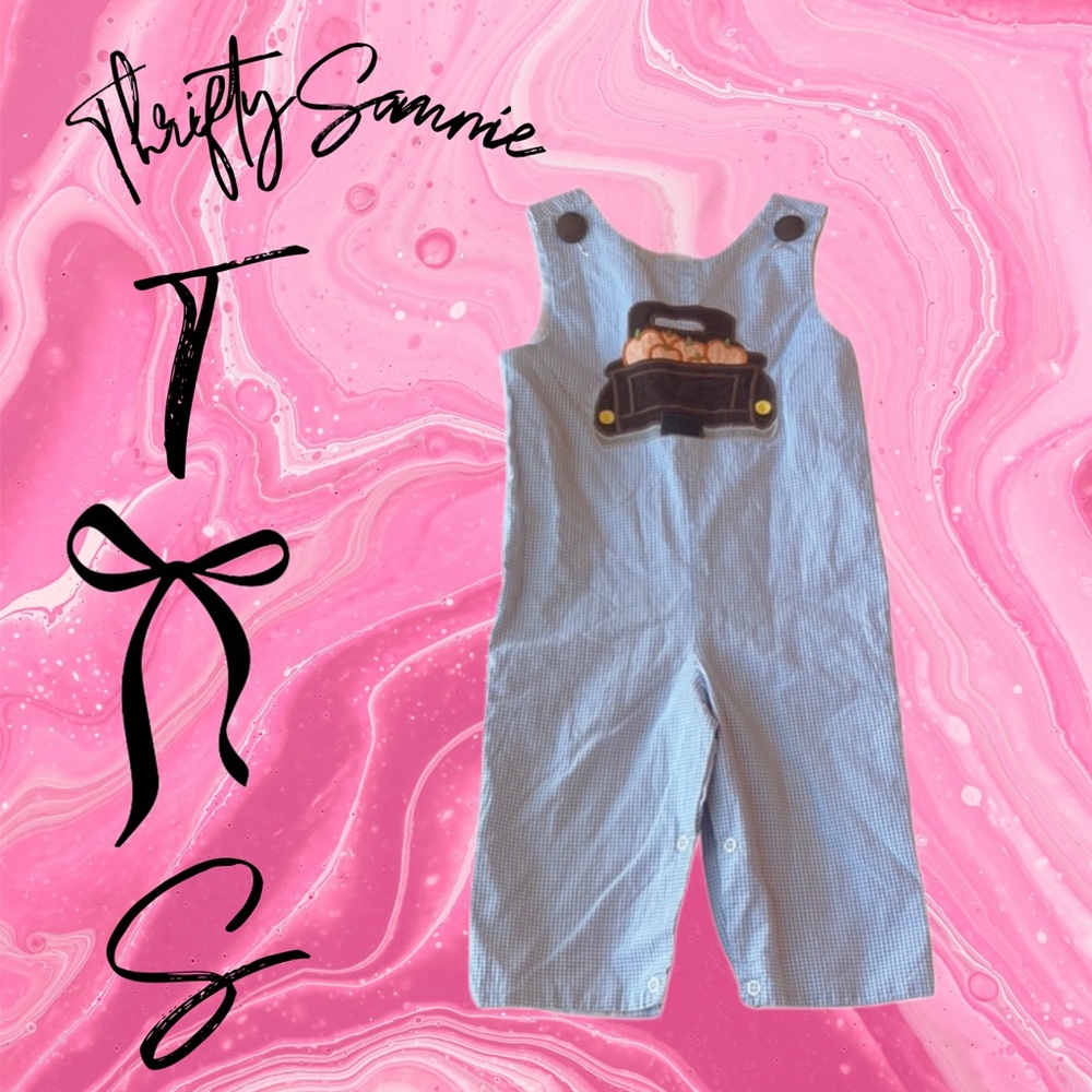 Stellybelly fall pumpkin boys trick gingham Blue and White Kids Overalls